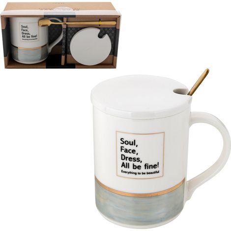 Mug Florina en porcelaine bleu perle avec couvercle et cuillère 350 ml (1/5)