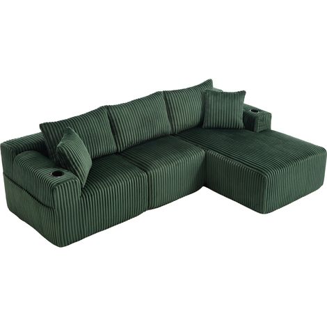 Divano modulare in velluto a coste verde con chaise longue, 2 posti e 5 cuscini (1/5)
