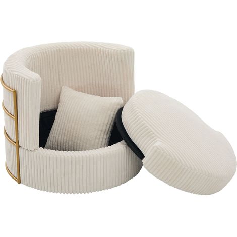 Poltrona girevole 360° in velluto a coste beige con braccioli imbottiti e vano contenitore (1/5)