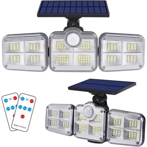 Lampes solaires d'extérieur avec détecteur de mouvement et télécommande, 3 têtes réglables, projecteur LED de sécurité avec éclairage grand angle de 270 °, étanche IP65 – Lot de 2 (1/5)