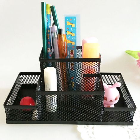 Porte-crayons en maille à 4 compartiments, grande capacité, multifonctionnel, noir, pour le bureau, l'école et la maison. (1/5)