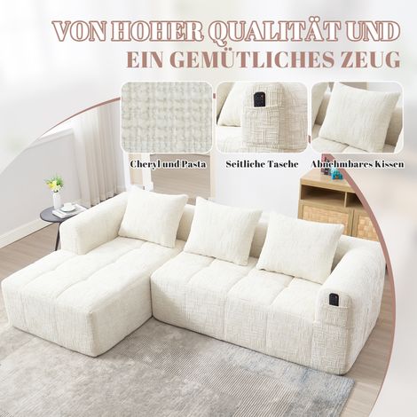 Canapé d'angle moderne, sofa en L 3 places, tissu chenille beige, sans montage, avec méridienne et accoudoirs, 3 coussins, poche latérale pour télécommande. (1/5)