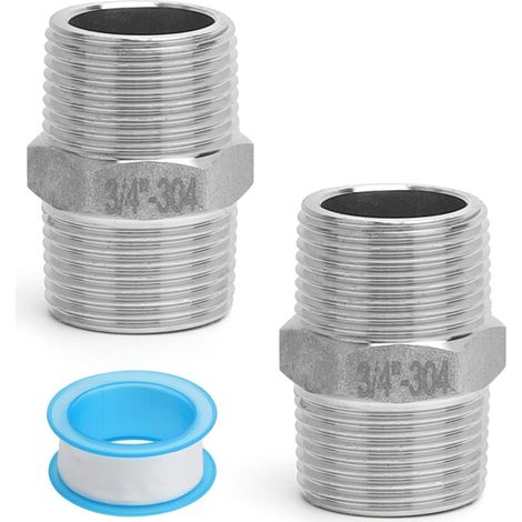 Lot de 2 Raccords 3/4" en Acier Inoxydable 3/4" Filetage Extérieur en Acier Inoxydable 304 Raccord Hexagonal Accessoires pour Systèmes D'Eau Potable Livré avec Bande de Matières Premières (1/5)