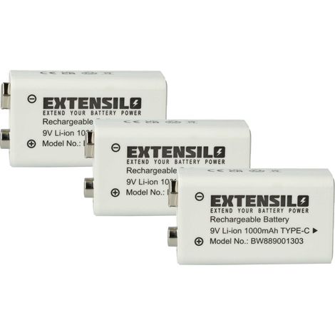 EXTENSILO 3x 9V-Akku Block kompatibel mit Daitem DC270, DC271, D21, DC272 (1 Ah, 9 V, Li-Ion), ready-to-use, mit USB-C Buchse