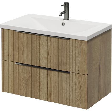 Helix 460 Fluted Autumn Oak 800mm Wall Mounted 2 Drawer Vanity Unit with Glide Basin