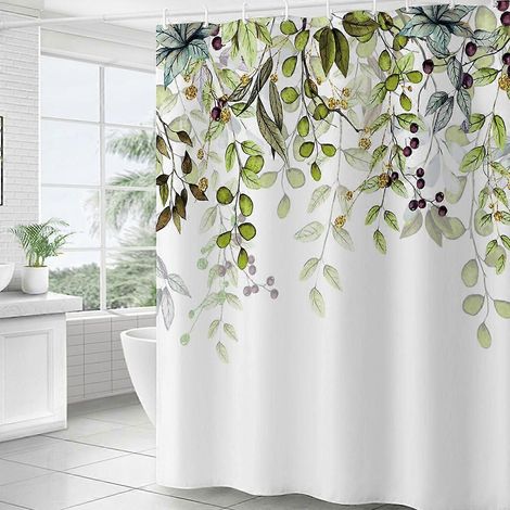 Rideau de douche à motif eucalyptus vert, motif floral aquarelle rose, décoration de salle de bain, 180 x 91 cm, avec crochets (1/5)