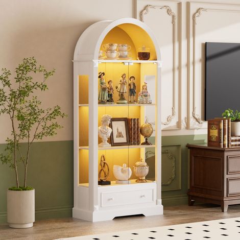 Étagère - 80 cm - Éclairage LED intégré - Rangements intégrés - tiroirs - MDF et verre trempé - blanc (1/5)
