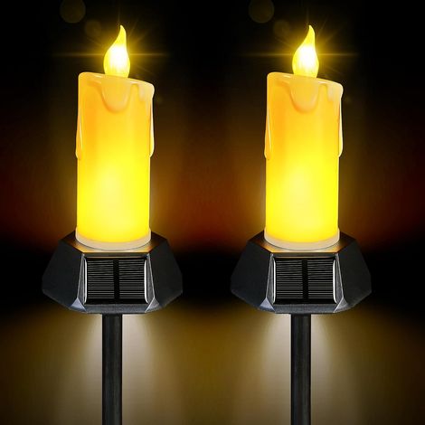 Lampes solaires sans flamme d'extérieur étanches à double LED avec effet flamme vacillante, pilier de cire dégoulinante de 18 cm avec piquet de sol amovible pour patio (paquet de 2) (1/5)