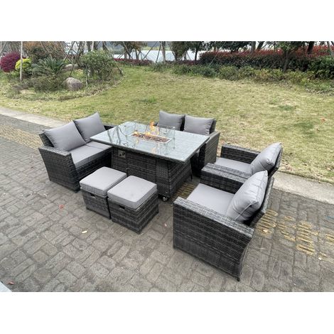 Fimous Rattan Outdoor Furniture Gas Fire Pit Rectangle Dining Table Gas Heater Chairs Two Seater Love Sofa Sets Footstools 8 Seater (1/5)