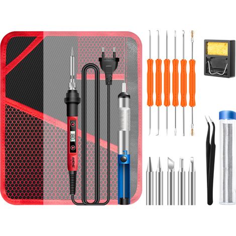 Saldatore elettrico in miniatura con display LCD, 60W, controllo della temperatura, 17 accessori (punte, pinzette, filo)