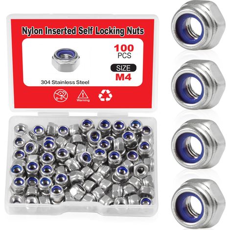 Lot de 100 écrous de verrouillage M4 x 0,7 mm en nylon - Écrous autobloquants en acier inoxydable 304 - Écrou de verrouillage hexagonal avec boîte de rangement pour rondelles de verrouillage (1/5)