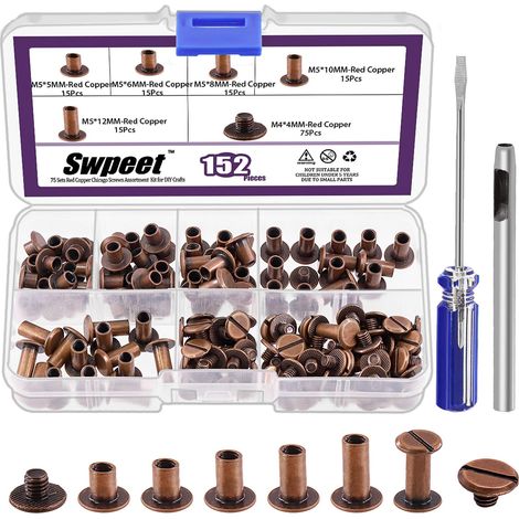 152 pièces m5x5mm, 6mm, 8mm, 10mm, 12mm rouge bronze vis rivets en cuir avec perforateur et tournevis rond tête plate goujons à double tête pour bricolage cuir artisanat (1/5)