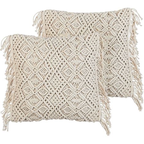 Lot de 2 coussins Boho en Coton 45 x 45 cm Rembourrés Motif Macramé avec Franges Beige Pattan