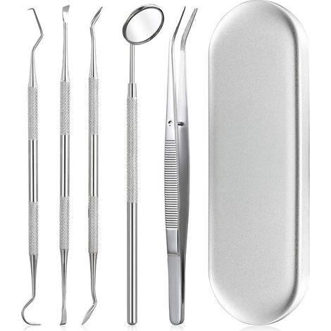 Kit Soins Dentaires - 5 Pièces En Acier Inoxydable - Miroir Buccal - Cure-Dents - Scaler À Tartre - Pinces - Sonde Dentaire - Pour Soins Personnels Et Animaux (1/5)