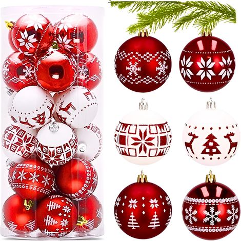 Boules de Noël pour sapin, PRL, en plastique, sans danger pour les sapins, blanches et rouges, lot
