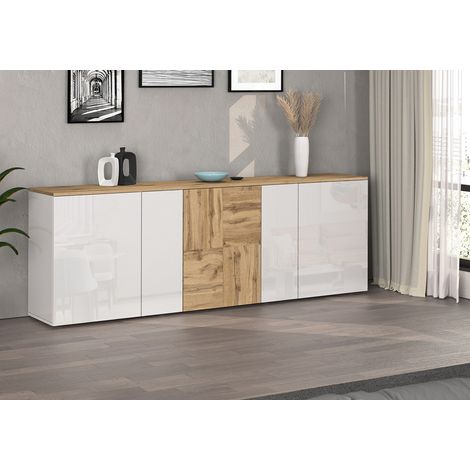 Buffet/bahut moderne 200 cm blanc brillant/chĂŞne wotan Isayane (1/5)