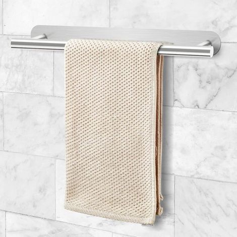 Soporte para toallas autoadhesivo - Montaje sin taladros - Organización del baño - Acero inoxidable - 40 cm de largo - Plateado (1/5)