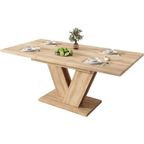 Table extensible chêne 140/180x80x75,5cm, rectangulaire, plateau épais, pieds en V, pour 4-6 personnes (1/5)