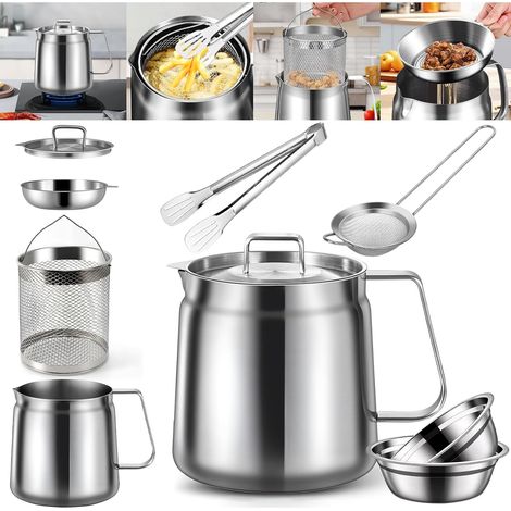 2L Stainless Steel Oil Filter Pot,  2-in-1 Oil Filter Pot,  Bacon Grease Saver with Filter,  Frying Basket,  Filter,  Mixing Bowls and Clip (1/5)