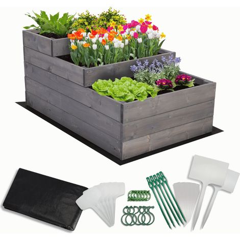 MODO24 Carré potager surélevé en bois, 3 niveaux en cascade, 45x60x93 cm, jardin/terrasse, kit jardinier inclus, gris imprégné