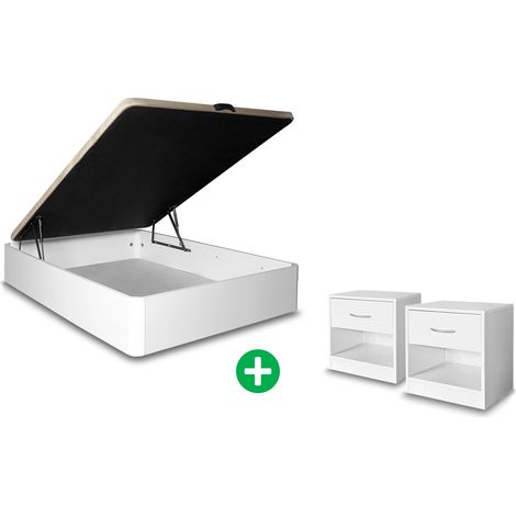 Pack Cama Canape Abatible + Mesita de Noche 1 Cajon Blanco