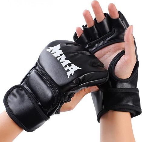 Gants de MMA noirs, doublure en cuir PU/latex, demi-doigts, résistants à l'usure, souples, respirants et épais, adaptés à la boxe, au sac de frappe, au Muay Thaï, au Taekwondo et au Sanda, boucle en n (1/5)