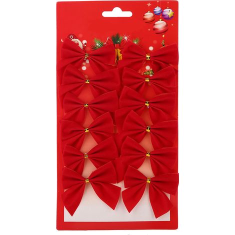 Ornements Noël Nœud Rouge - Décoration Sapin Intérieur Polyester Flocage - Lot De 12 Pièces (1/5)