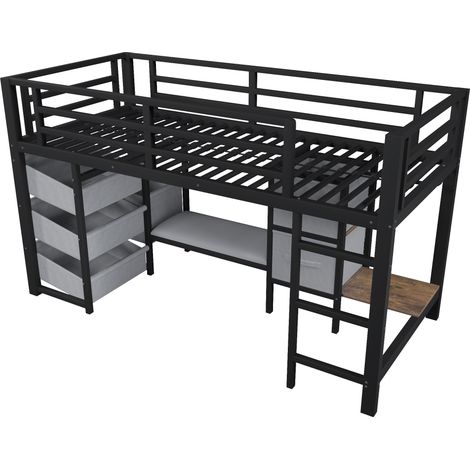 Letto a soppalco 90 x 200 cm in metallo nero con LED, cuscino e contenitori HOMVRA (1/5)