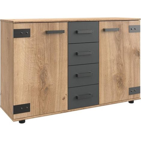 Commode meuble de rangement coloris chêne foncé - Longueur 130 x Hauteur 83 x Profondeur 41 cm -PEGANE-