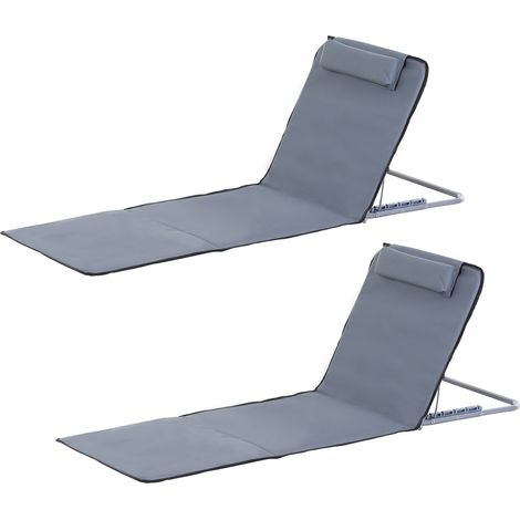 Set aus 2 Strandliegen mit 5-fach verstellbarer Rückenlehne, Kopfstütze und Tragetasche, klappbare Liegestühle aus Stahl und Polyethylen, 134 x 48 x 33–43 cm, grau