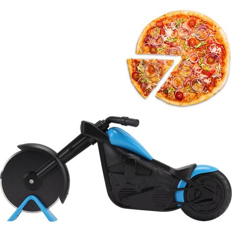 Motorradförmiger Pizzaschneider, Pizzaroller, Küchenutensilien für Pizza und Gebäck, blau. (1/5)