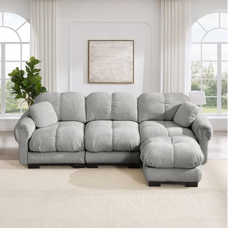 Divano a L 3 posti 260x149x90 cm, con pouf mobile, cuscini trapuntati, chenille, grigio chiaro (1/5)