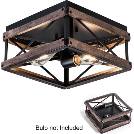 Plafonnier encastré pour cuisine et couloir, 2 lampes à intensité variable, design en métal noir et bois, style rustique (ampoule non incluse) (1/5)