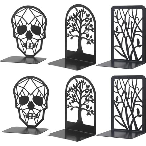 CCYKXALot de 3 paires de serre-livres en métal avec tête de mort, arbre de fortune et oiseau au repos, serre-livres décoratifs noirs (1/5)