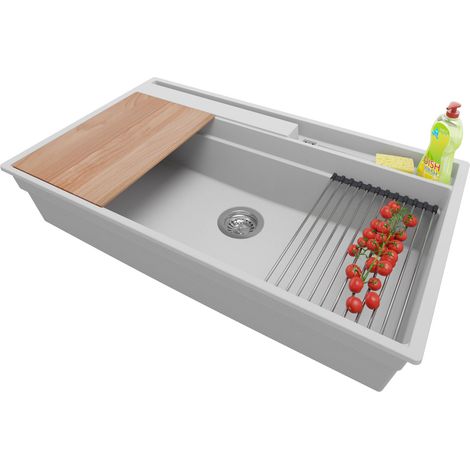PRIMAGRAN Evier Cuisine en Granit 88x53cm, Lavabo 1 bac + Kit de Vidage + Accessoires, Évier à Encastrer au meuble 90cm - Oslo Pocket, Gris (1/5)