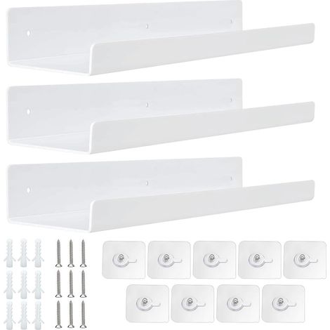 Etageres Murales en Acrylique, Lot de 3 Étagère Murale Flottante Blanche, 30 x 10cm Étagères Flottantes en Acrylique, Étagère Murale de Salon, pour Les Livres, Cadres, Disques, Décorations (1/5)