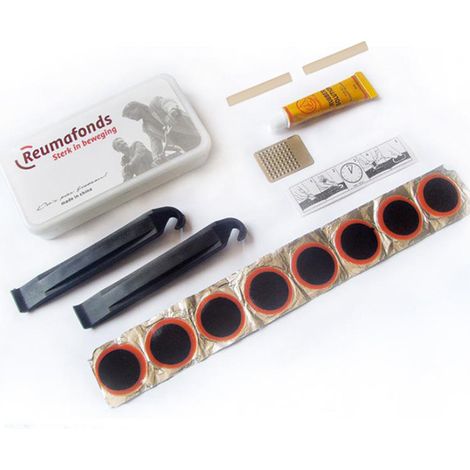 Kit de réparation de pneus de vélo – Comprend des démonte-pneus, un outil de ponçage, de la colle et des rustines sans colle pour réparer les crevaisons. (1/2)