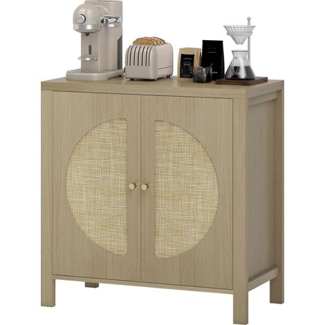 Küchen-Sideboard aus Naturholz, 75 x 38 x 77 cm, mit zwei Türen in Rattanoptik und verstellbarem Einlegeboden.