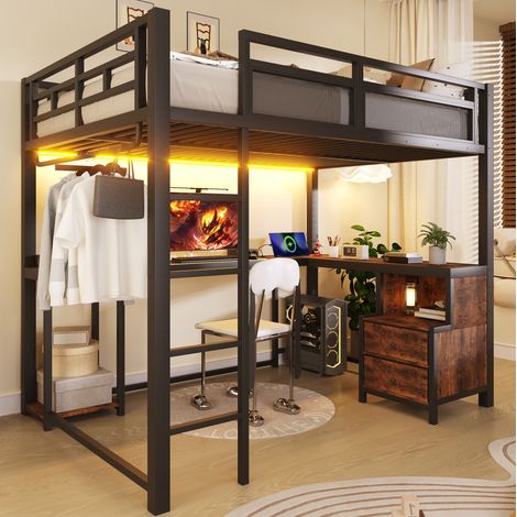 Cama alta de metal 140x200 cm con LED, USB, escritorio integrado y almacenaje, negro (1/5)
