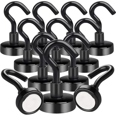 12-Piece Magnetic Hook Set, 8 kg Capacity, Powerful Neodymium Magnet, for Fridge, Kitchen, Office, School, Heavy-Duty Ceiling Hook, Silver and Black (1/5)