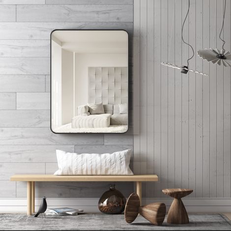 Miroir rectangulaire pour Salle de Bain - 40,6 x 61 cm - Noir - pour décoration Murale - Cadre en métal - Miroir Rond - Coin Rond - Rectangulaire (Horizontal/Vertical) (1/5)