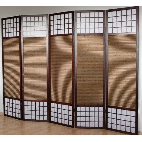 Décoshop26 – Paravent 5 panneaux en bois et bambou 220x175 cm – Style japonais zen – Encadrement brun foncé – PAR06011 (1/3)
