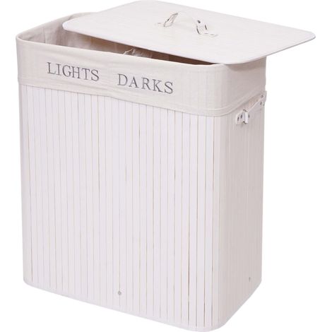 [NUNCA USADO] Cesto para ropa sucia HHG-153, Caja para ropa sucia Cesto para ropa sucia, Bambú 2 compartimentos 63x55x34cm 100l, blanco