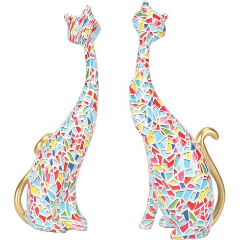 Ensemble de 2 sculptures abstraites de chats en résine, style peinture à l'huile, idéales pour décorer une chambre ou un bureau (KY145). (1/5)