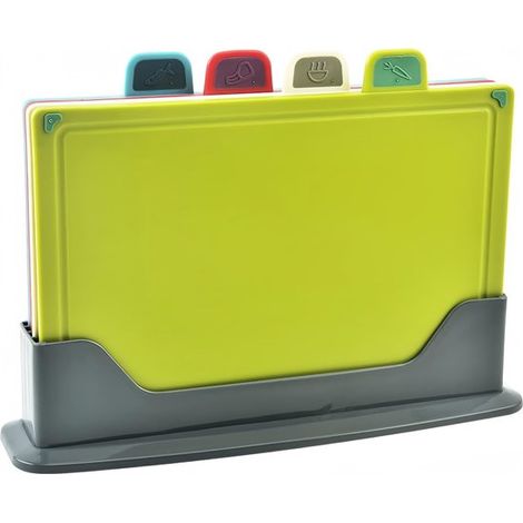 Schneidebrett-Set – 4 Kunststoff-Schneidebretter – 30 x 20 cm – Mehrfarbige Schneidebretter mit Halterung – Rutschfest – Dick und spülmaschinenfest – 4 Farben (1/5)