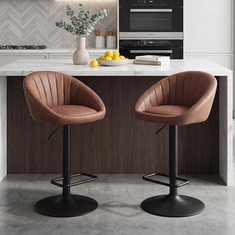 Wahson Bar Stools Set of 2 in PU Leather Modern Swivel Counter Chairs Height Adjustable for Kitchen Home Bar, Brown