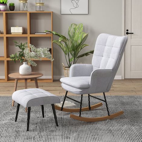 Sedia a dondolo con poggiapiedi, design scandinavo, legno di faggio, trapuntata, 64 cm x 89 cm x 90 cm, grigia