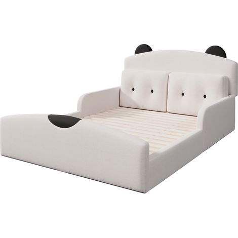 Plattformbett 140x200 aus Leinen mit gepolstertem Bären-Kopfteil und 2 Kissen, weiß (1/5)