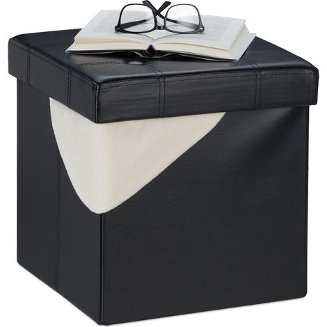 Relaxdays Sitzhocker mit Stauraum, faltbar, gepolstert, Kunstleder, 40 l, Sitzwürfel HxBxT 38 x 37 x 37 cm, schwarz
