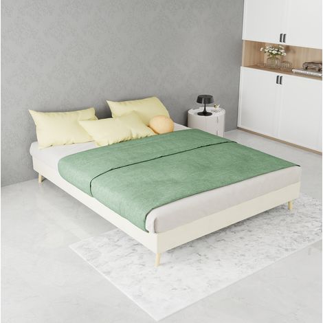 Letto moderno minimalista 140x200 cm, tessuto beige, struttura in metallo, testiera geometrica, rete a doghe (1/5)